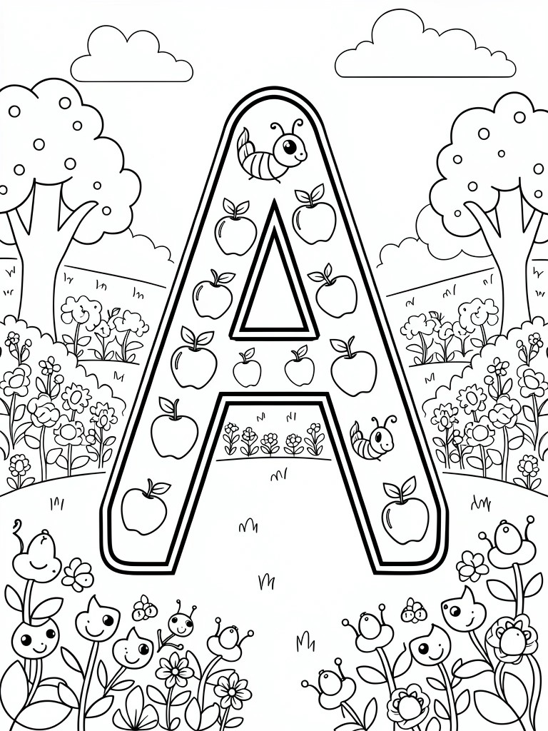 Coloring page of large letter A with apples, bees, trees, and flowers