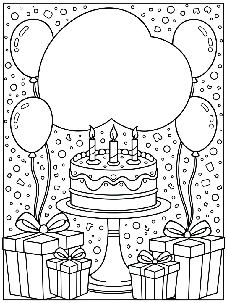 A coloring page shows a birthday cake with three candles on a stand surrounded by balloons and gift boxes with confetti shapes around the edges.