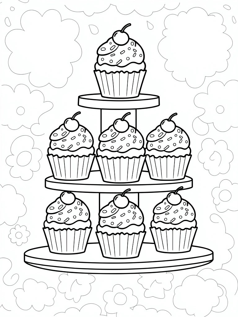 Line drawing of eight cherry-topped cupcakes on three-tiered stand amid clouds and flowers.
