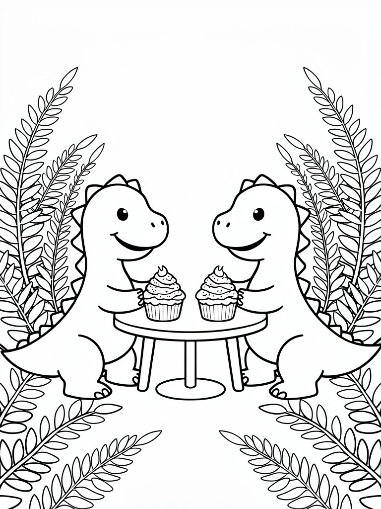 Two cartoon dinosaurs sit at a table holding cupcakes with ferns on both sides in a line drawing.