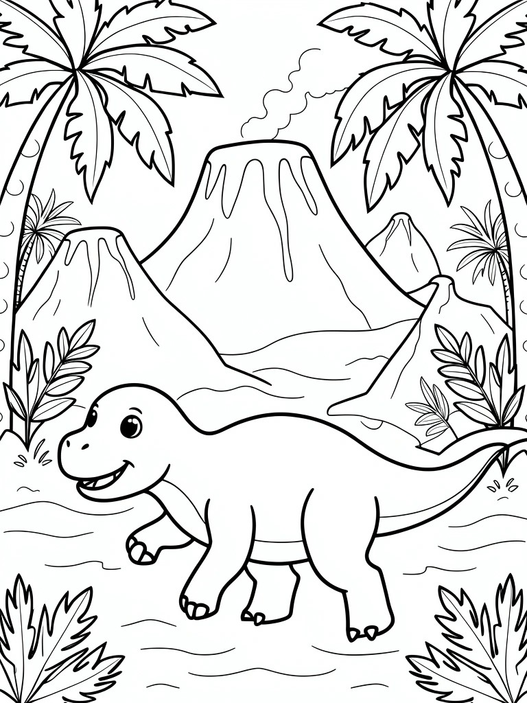 Coloring page of a smiling dinosaur walking in front of volcanoes and palm trees.