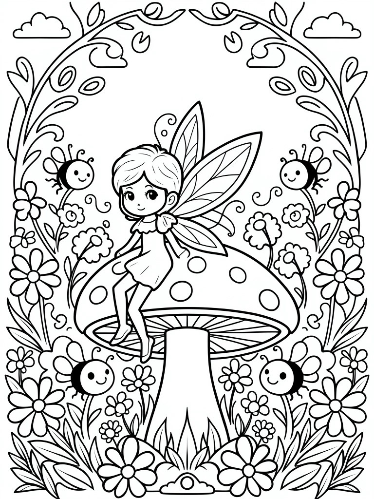 A black and white line drawing shows a fairy on a mushroom with bees, flowers, and vines around her.
