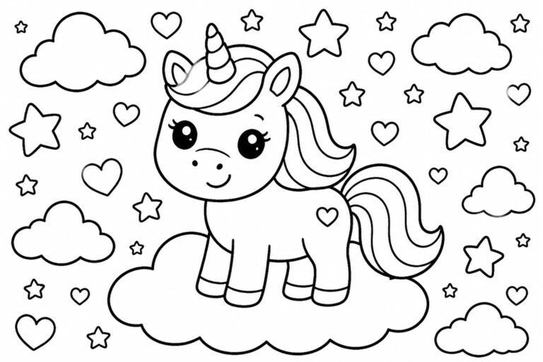 21 Kid Friendly Coloring Pages That Keep Them Happily Busy A line drawing of a unicorn standing on a cloud surrounded by stars and hearts.