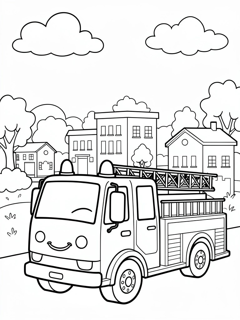 A black and white line drawing of a smiling fire truck with a ladder parked in front of houses and trees under clouds.
