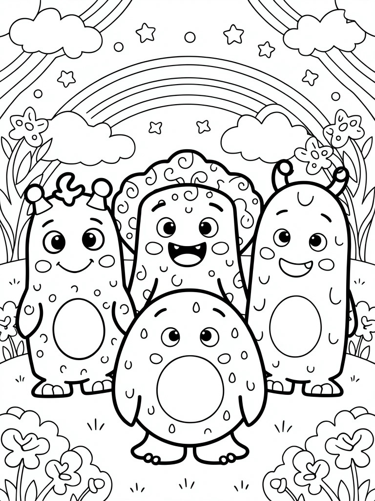 Four cute spotted monsters under rainbows with clouds, stars, and flowers in line art