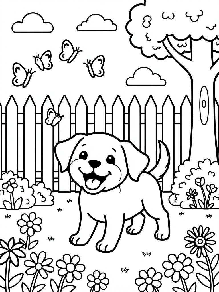 A black and white line drawing shows a cute puppy standing in a garden with butterflies, flowers, a picket fence, a tree, and clouds.