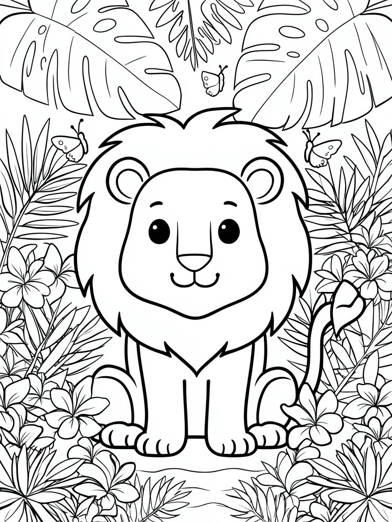 Black and white cartoon lion sitting in jungle with butterflies and plants