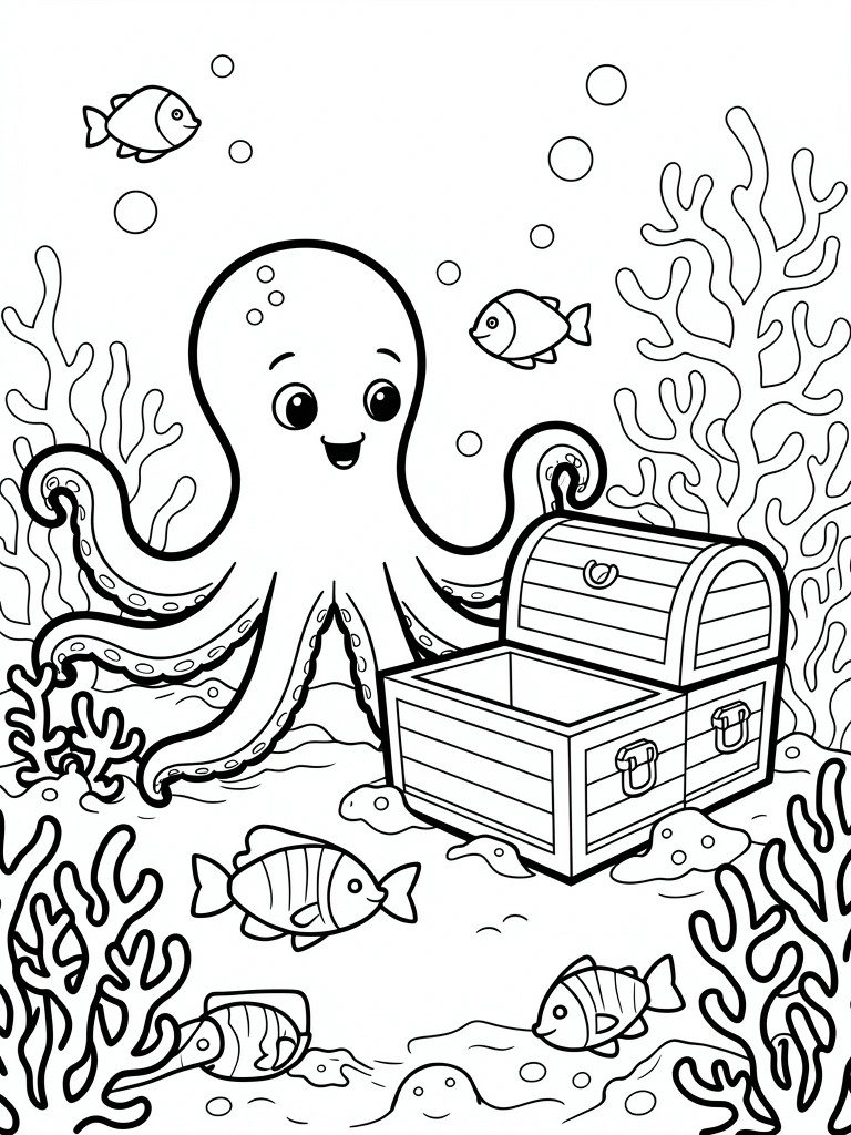 Smiling cartoon octopus beside open treasure chest with fish and coral.