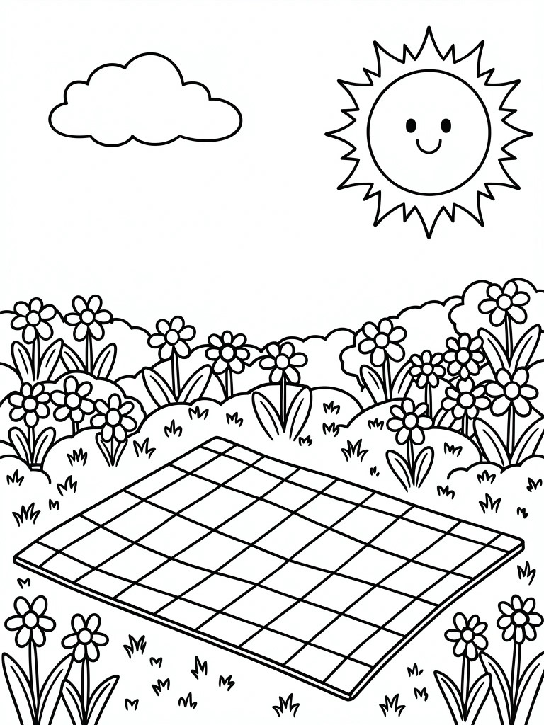 Coloring page of checkered picnic blanket on grass with flowers and smiling sun