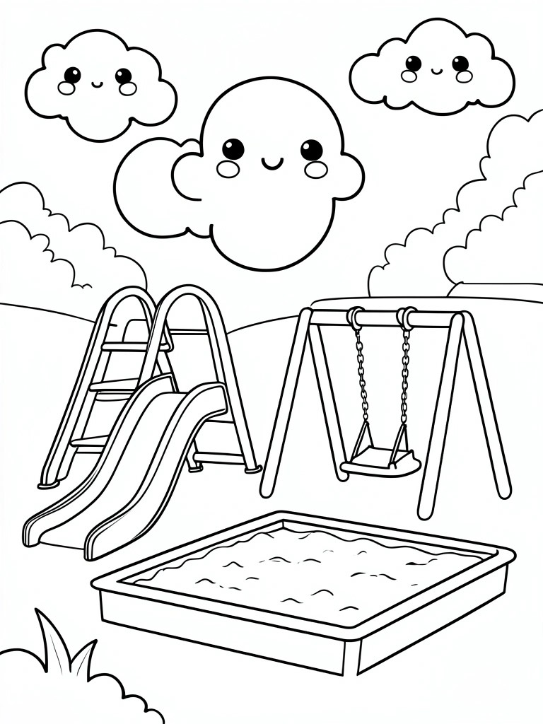 Coloring page of playground with slide, swings, sandbox and smiling clouds