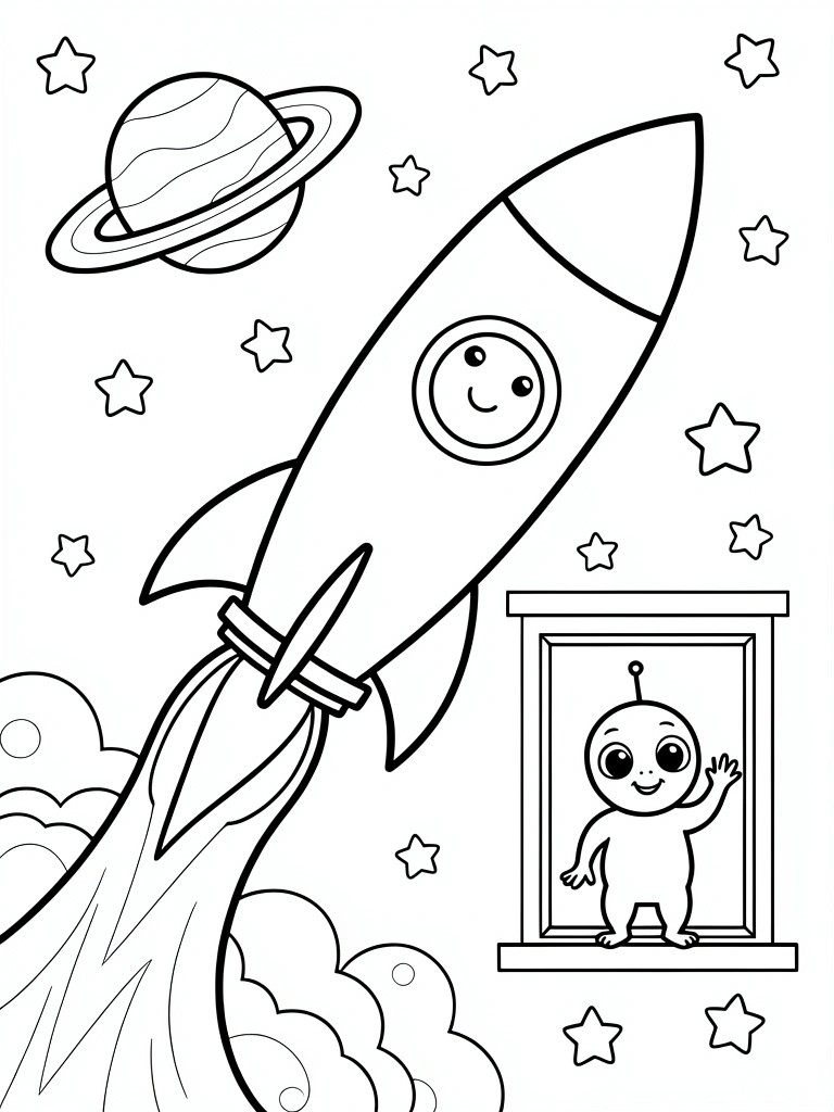 Coloring page of smiling rocket launching near waving alien, stars, and ringed planet.