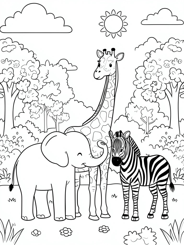 Coloring page of elephant, giraffe, and zebra among trees with sun and clouds.