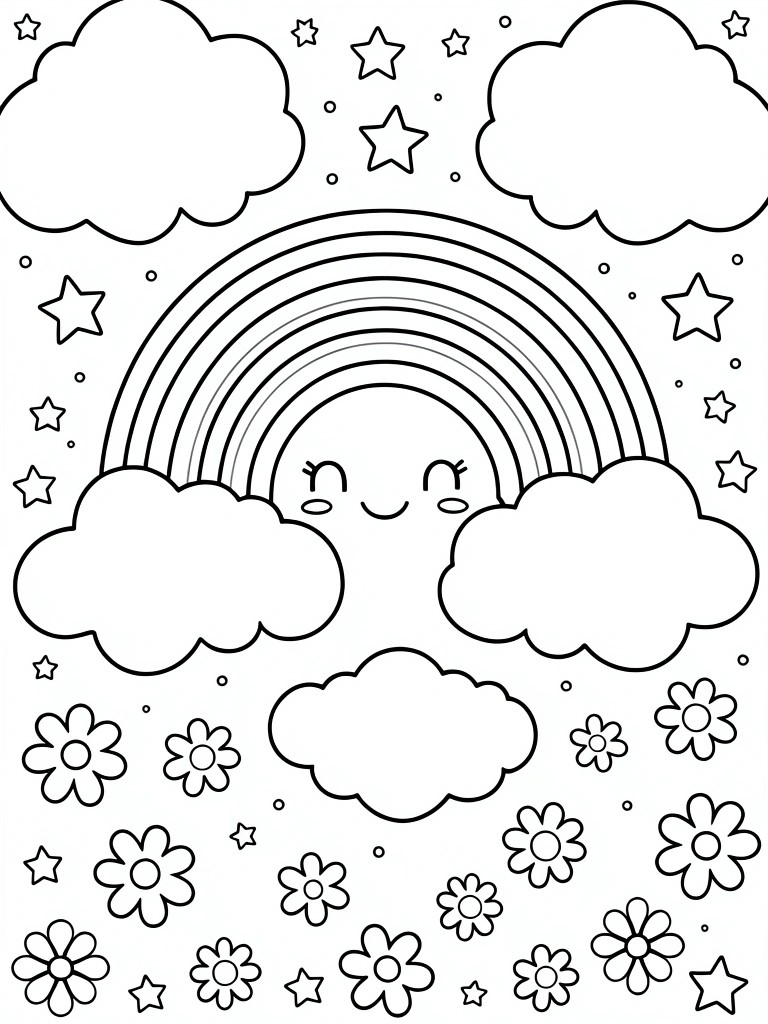 Smiling rainbow with clouds, stars, and flowers in coloring page style.