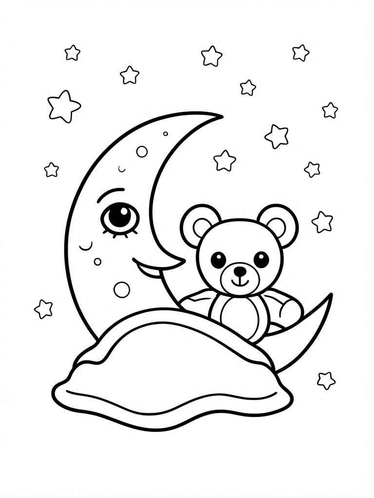 A line drawing of a teddy bear sitting on a crescent moon with a face, surrounded by stars.