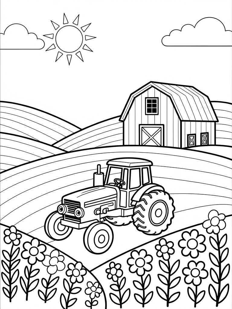 Coloring book illustration of tractor near barn with flowers, sun, and clouds
