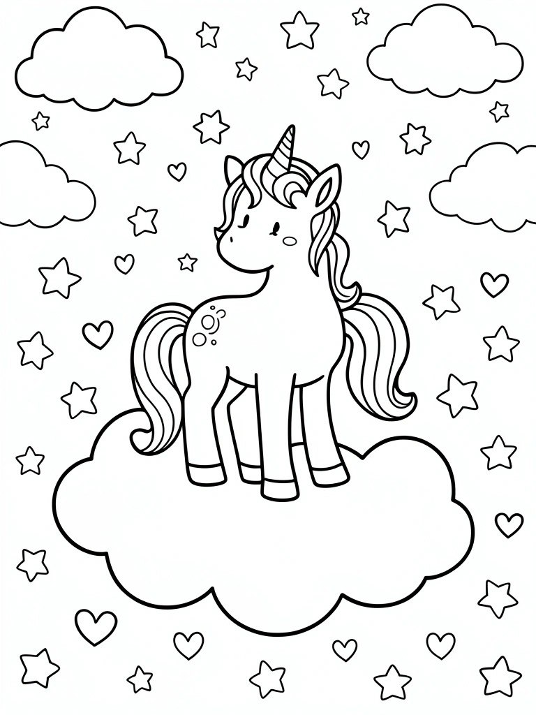 A line drawing of a unicorn standing on a cloud surrounded by stars and hearts.