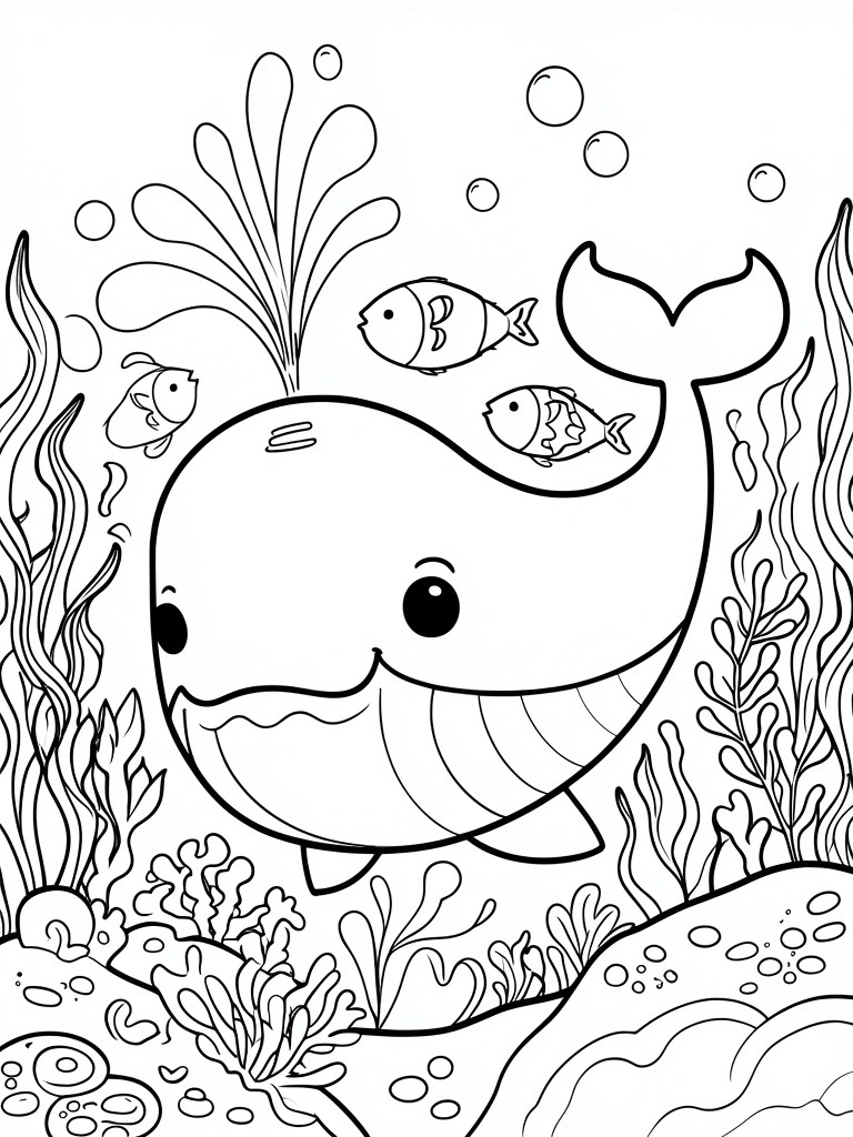 Coloring page of smiling whale with fish, bubbles, seaweed, and coral underwater.