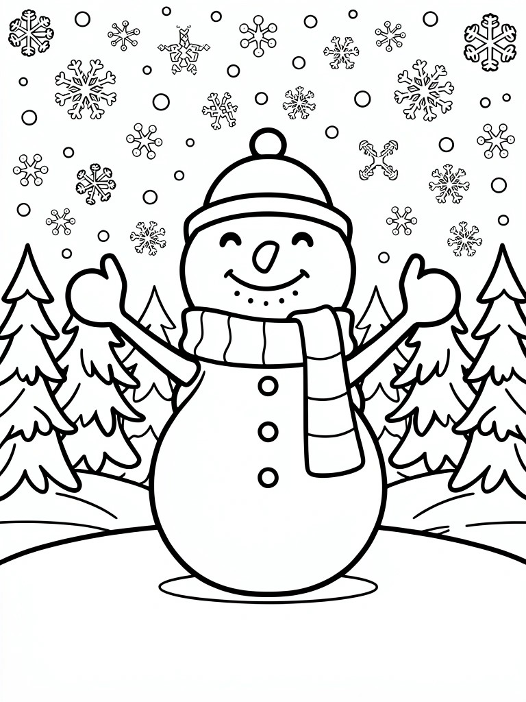 A black and white coloring page of a snowman wearing a hat and scarf standing between pine trees with snowflakes falling.