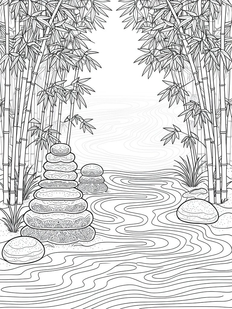 A line drawing of bamboo stalks on both sides of a winding stream with a tall stack of patterned stones on the left bank.