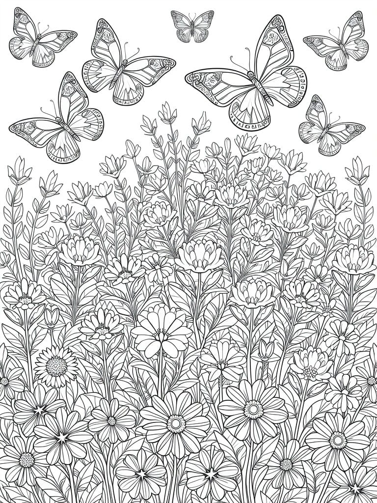 Intricate black and white line drawing of butterflies above dense flowers and plants