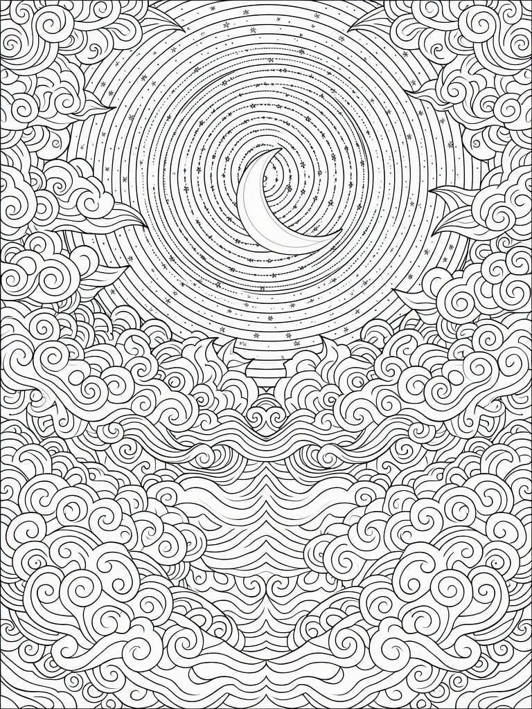 Intricate black-and-white line art of crescent moon amid starry concentric circles and swirling clouds.