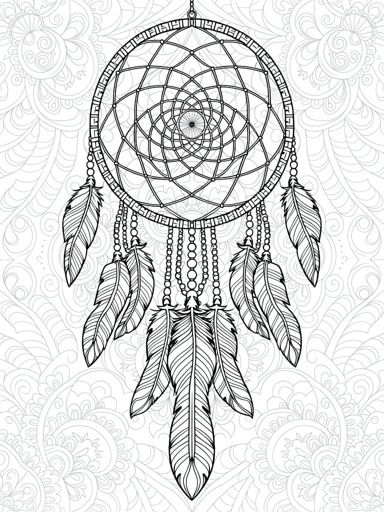 A black and white line drawing of a dreamcatcher with a woven center web, hanging feathers, and beads against a swirling background.