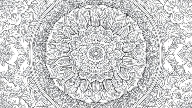 Intricate black-and-white mandala with layered floral petals, leaves, and swirls.