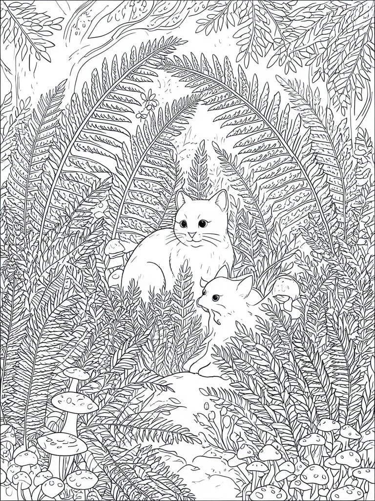 Coloring page of two cats amid ferns and mushrooms in a forest