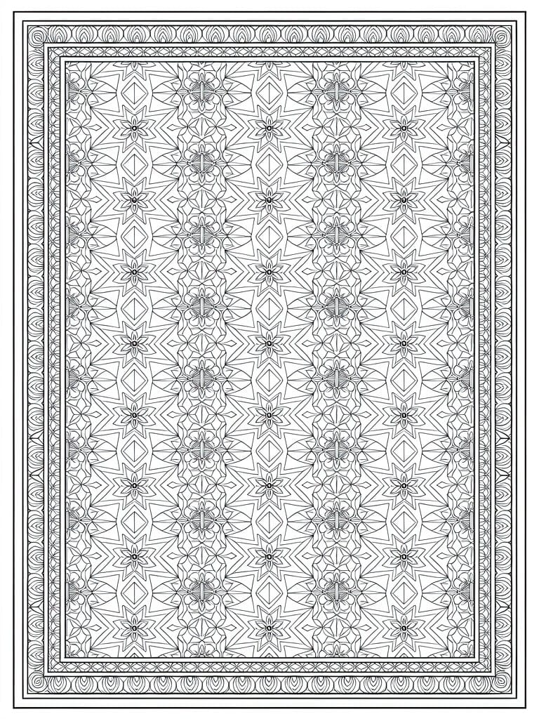 Intricate symmetrical black-and-white geometric pattern with floral motifs and ornate border.