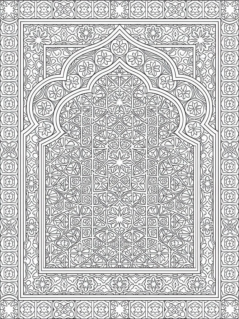 Intricate black and white Islamic geometric pattern with arched frames and floral motifs.