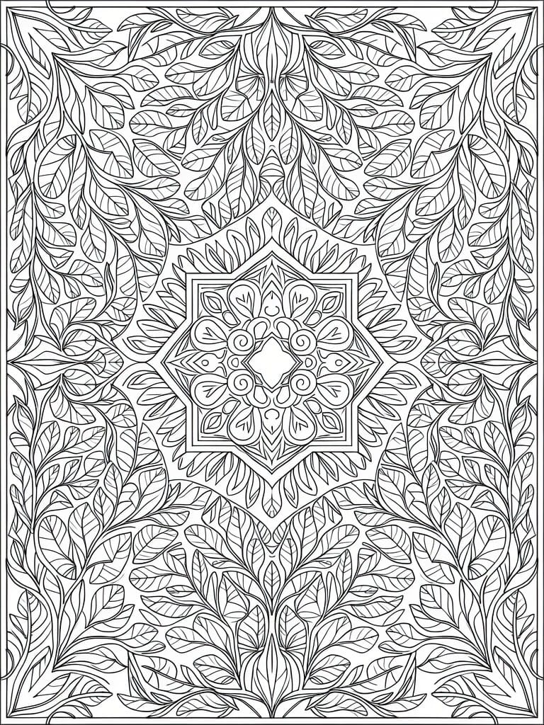 A black and white coloring page with a central square mandala of swirls and leaves surrounded by symmetrical foliage patterns.
