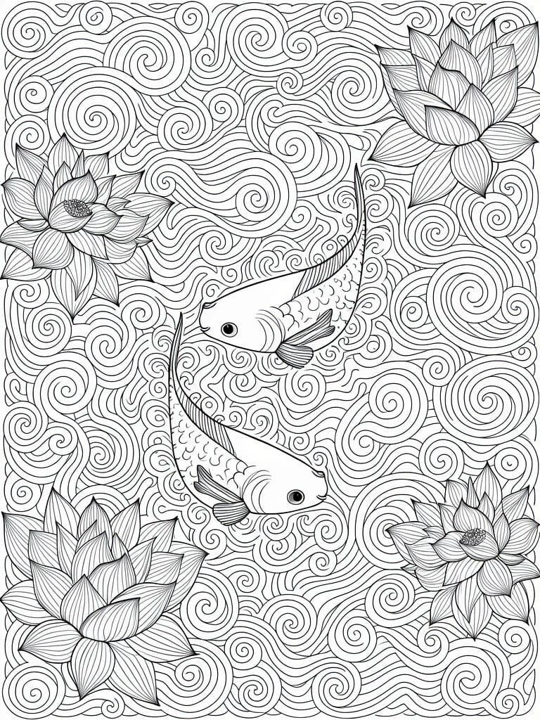 Two koi fish amid lotus flowers and swirling wave patterns in line art.
