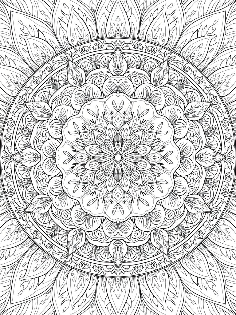 Intricate black-and-white mandala with layered floral petals, leaves, and swirls.