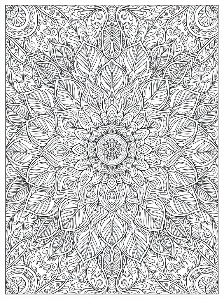 Intricate black-and-white mandala with symmetrical layered leaves and swirling floral patterns