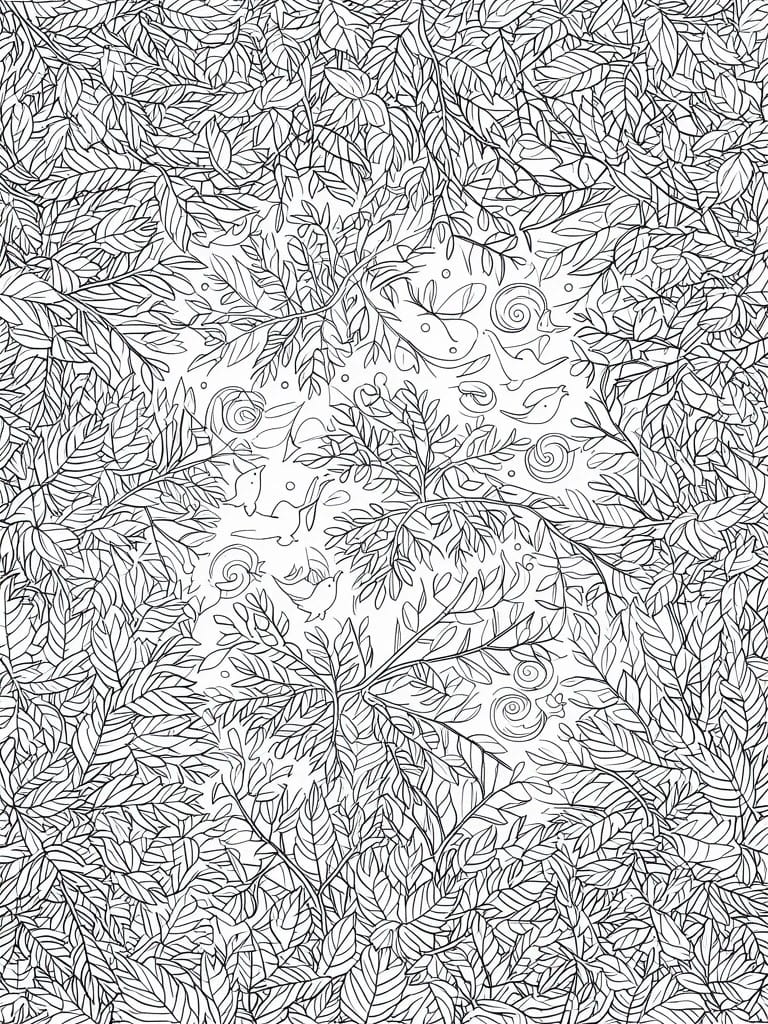 Dense black-and-white line art of birds amid leafy branches and swirls.