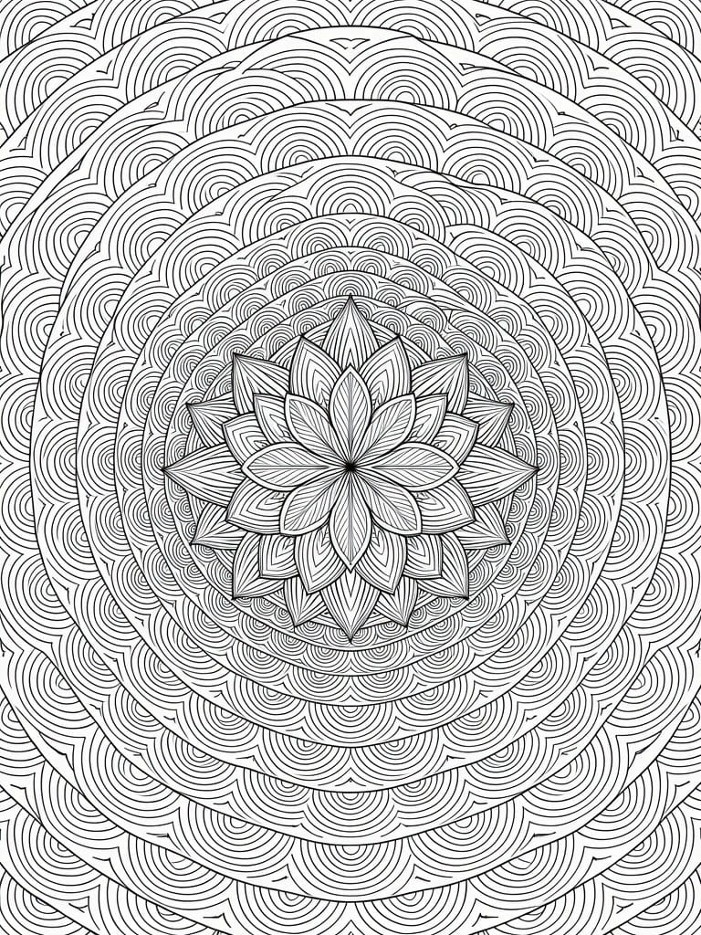 Intricate black-and-white mandala with central lotus flower and layered circular patterns.