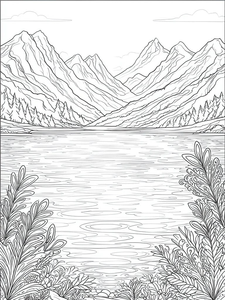 A black and white line drawing of mountains behind a lake with detailed plants in the foreground.