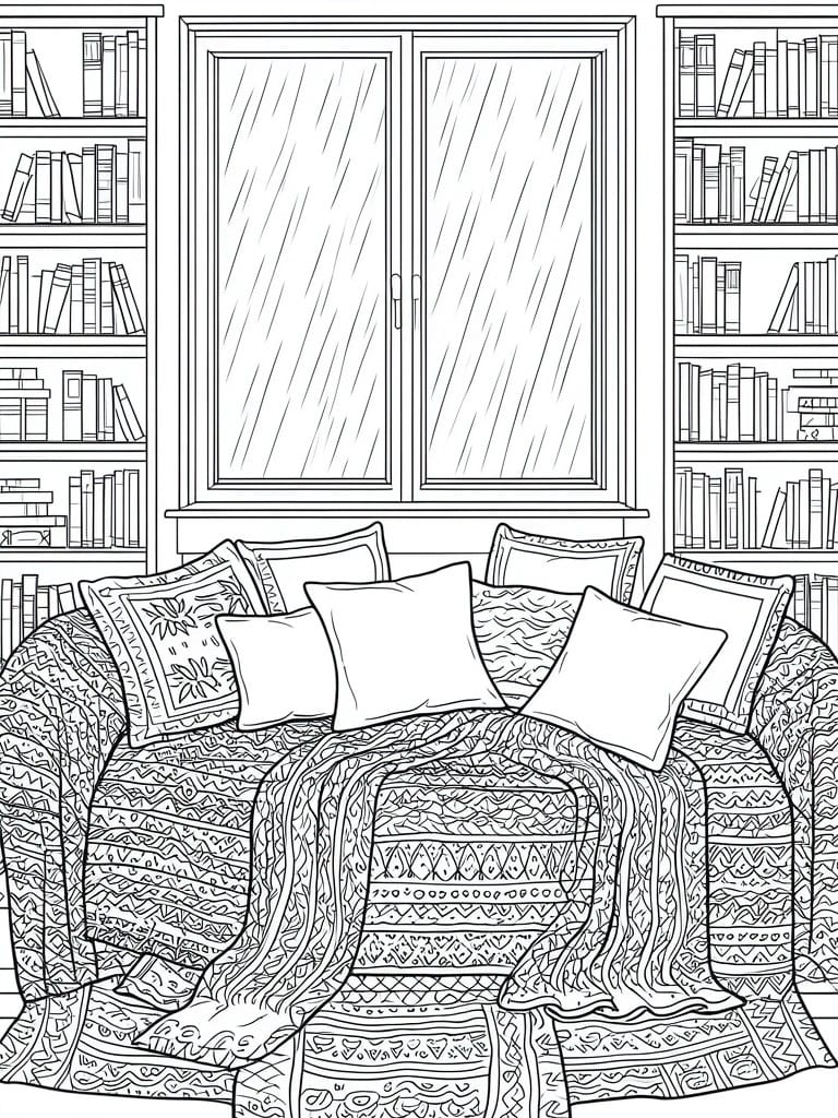 A coloring page showing a couch with patterned blankets and pillows in front of a window between two tall bookshelves.