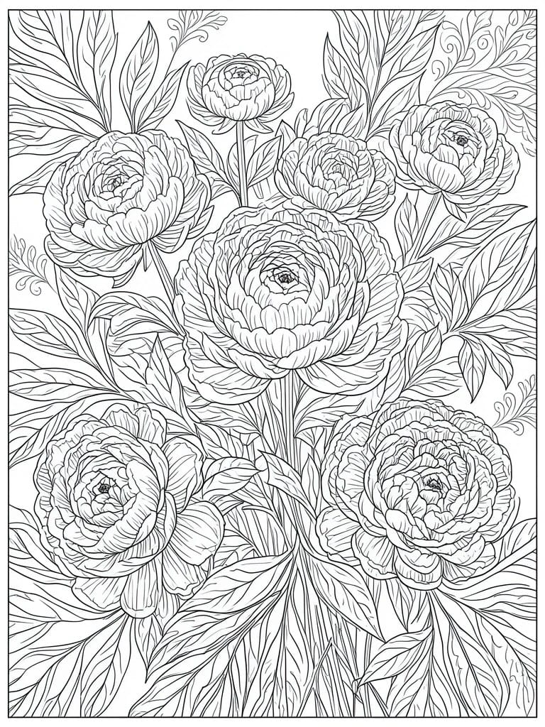 A black and white line drawing of several large peony flowers surrounded by leaves and stems.