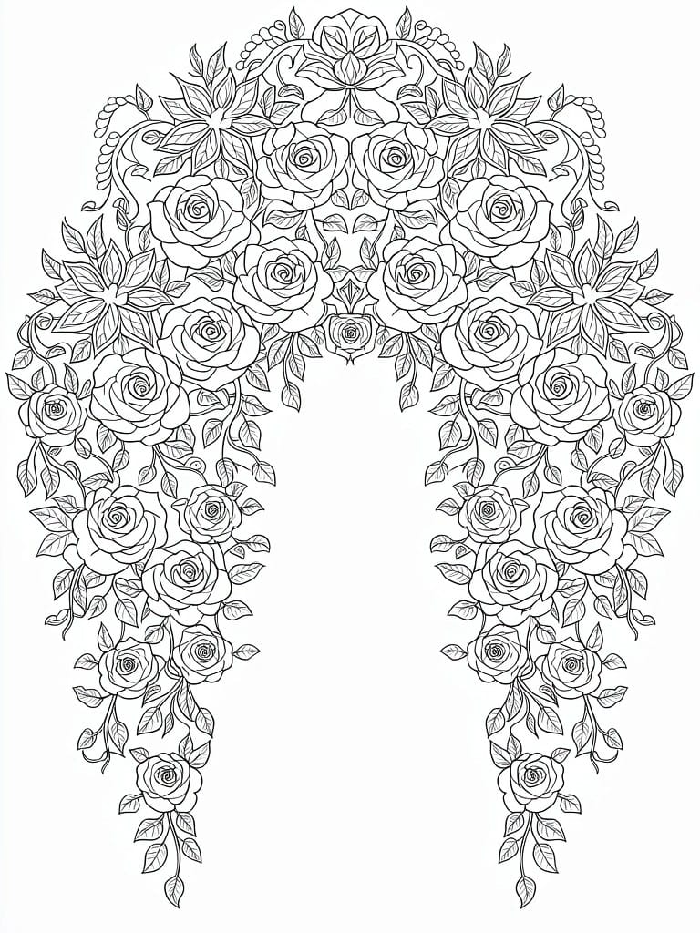 A black and white line drawing of a symmetrical floral arch made of roses and leaves forming a curved frame.