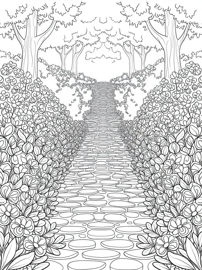 A black and white line drawing of a stone path lined with flowers and trees on both sides.