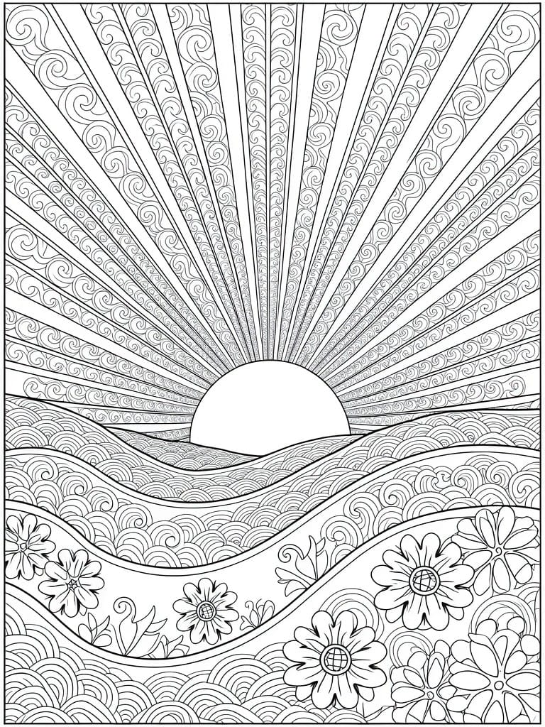 Coloring page of sun with swirling rays over hills and flowers