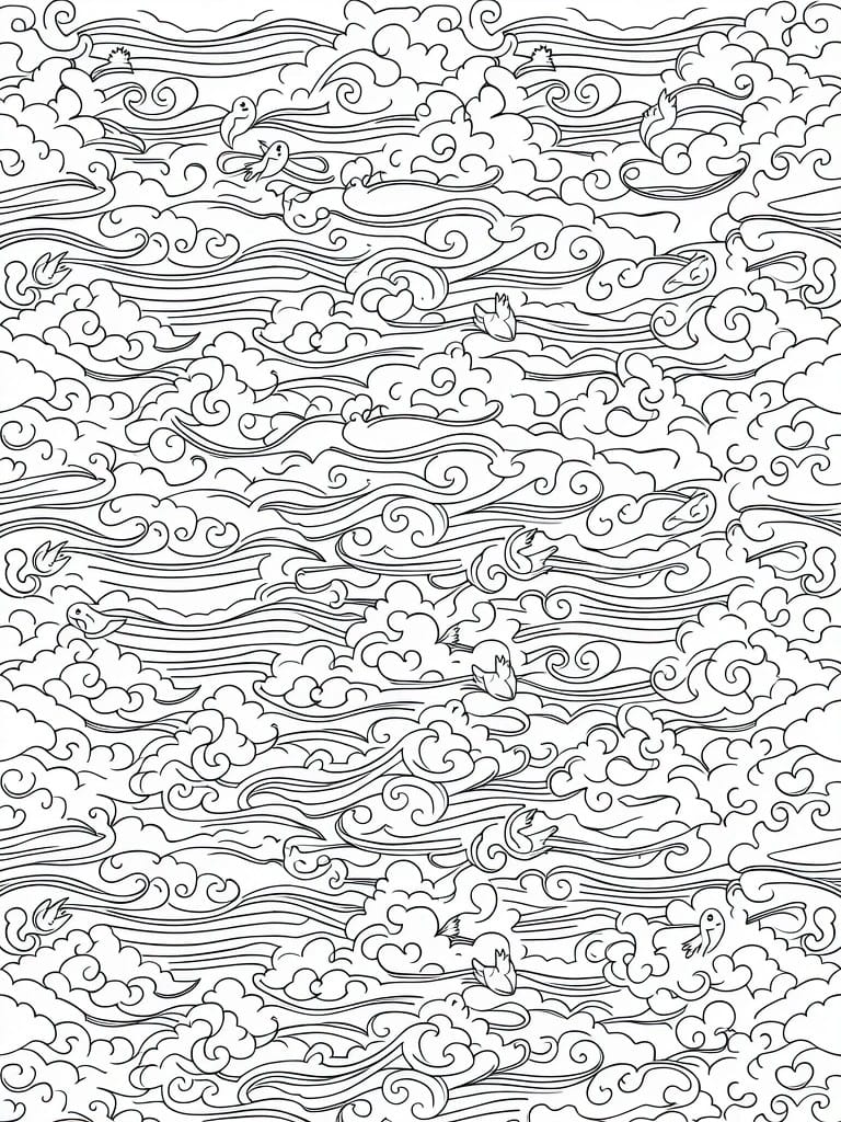 Intricate black and white line drawing of swirling clouds with flying birds