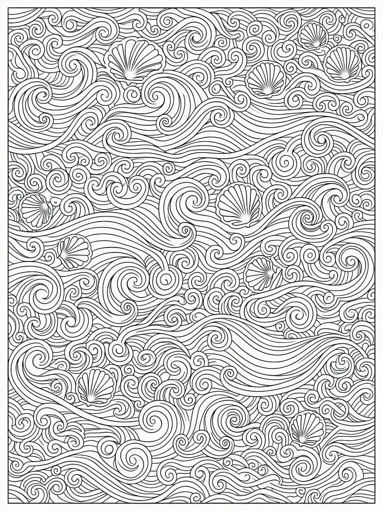 A black and white coloring page filled with intricate swirling wave patterns and various seashell illustrations.
