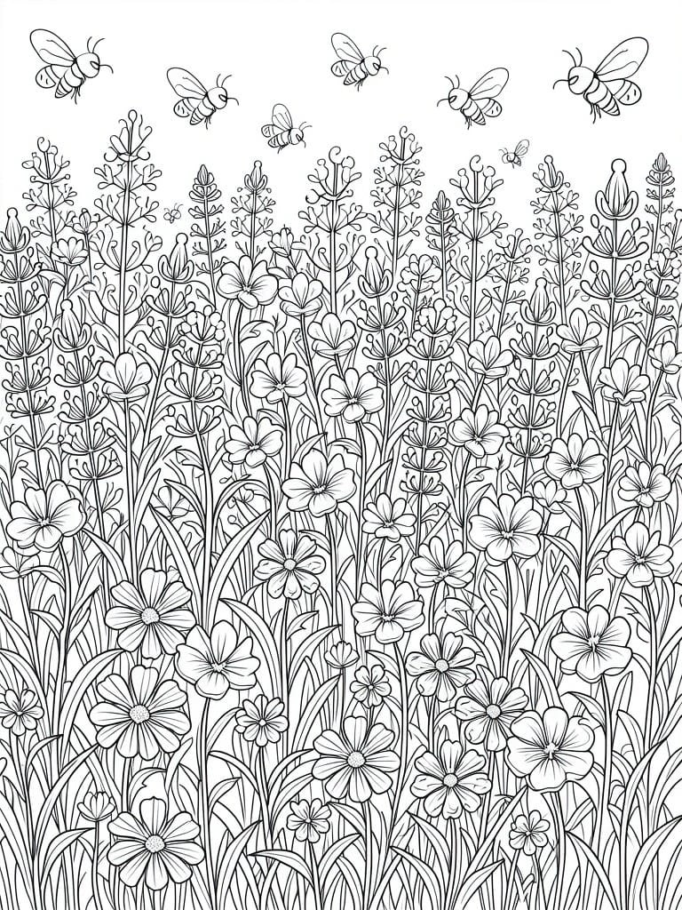 A black and white line drawing of a dense field of various flowers with several bees flying overhead.