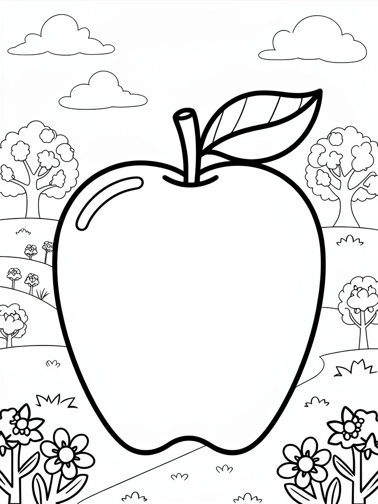 Coloring page of large apple with trees, hills, flowers, and clouds behind