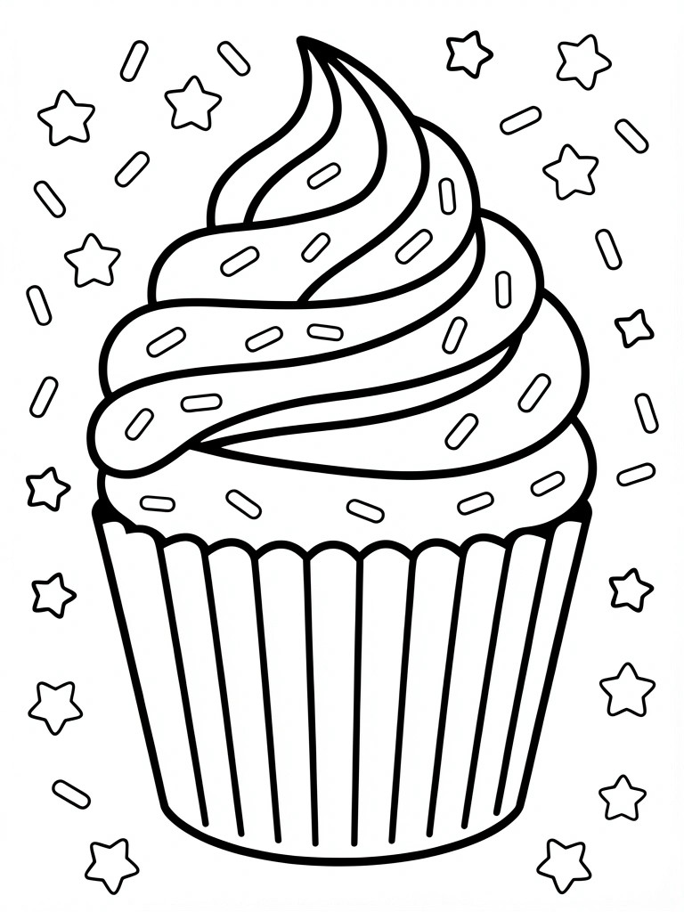 A black and white line drawing of a large cupcake with swirled frosting, sprinkles, and stars scattered around it.