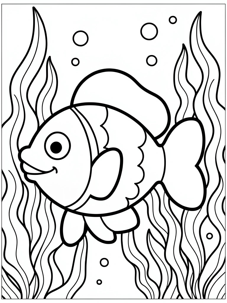 Black and white cartoon fish amid wavy seaweed with floating bubbles.