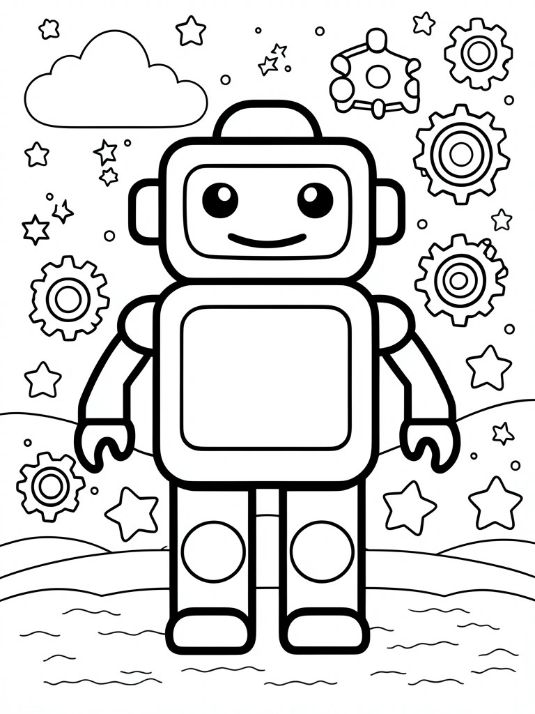 Black and white line drawing of a cartoon robot with stars, gears, clouds, and wavy ground lines.
