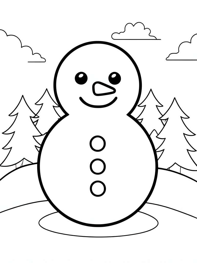 Smiling snowman with carrot nose and buttons amid pine trees and clouds